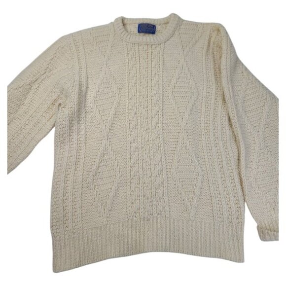 Pendleton Men's Beige Cable Alan Fisherman Wool Knit Pullover Sweater Size L